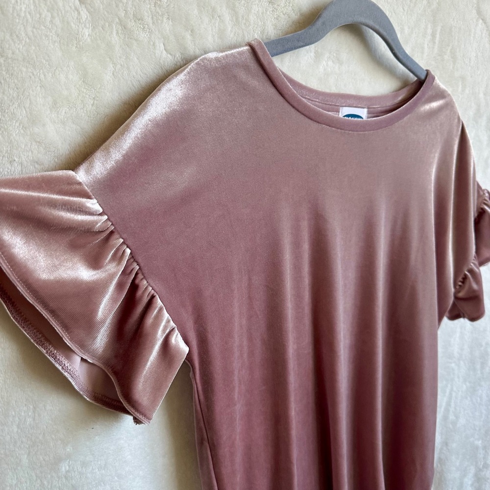 Old Navy Mauve Dusty Rose Pink Velvet Short Sleeve Top Velour‎ Ruffle Sleeve XL - Picture 2 of 5